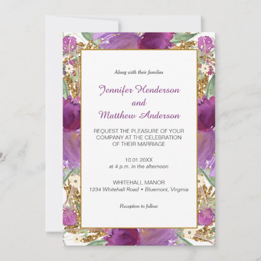 2紫アメジスト花金ゴールドグリッター招待状 招待状 (正面)