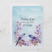 2紫色の鳥の春の花ママ&パパイースター シーズンカード (正面/裏面)