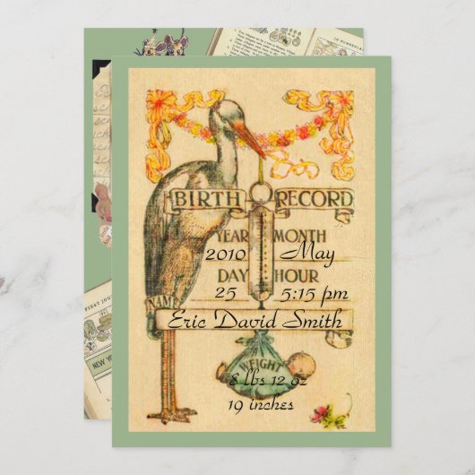 2緑のヴィンテージのスタイルの誕生の発表は味方しました 案内状 (正面/裏面)