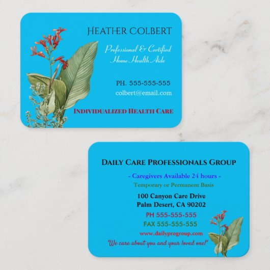 2美しい花のプロフェッショナルを信頼している介護者 名刺 (正面/裏面)