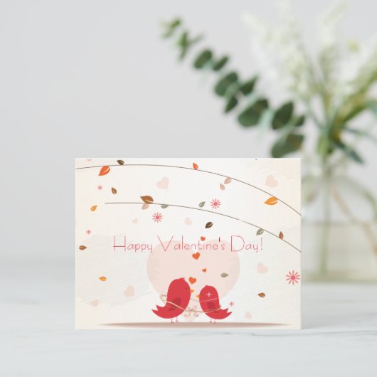 2羽のかわいく赤い鳥の幸せなバレンタインデーの郵便はがき シーズンポストカード (スタンド正面)
