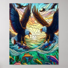 2羽のはげたワシが魚を水上で捕まえる8x10 ポスター