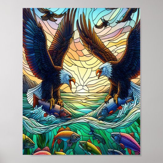 2羽のはげたワシが魚を水上で捕まえる8x10 ポスター (正面)