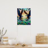 2羽のはげたワシが魚を水上に捕まえる16x20 ポスター (キッチン)