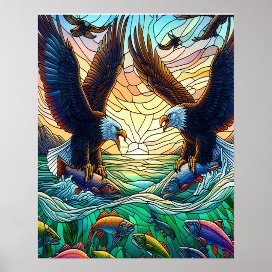 2羽のはげたワシが魚を水上に捕まえる16x20 ポスター (正面)