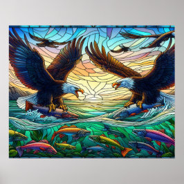 2羽のはげたワシが魚を水上に捕まえる20x16 ポスター