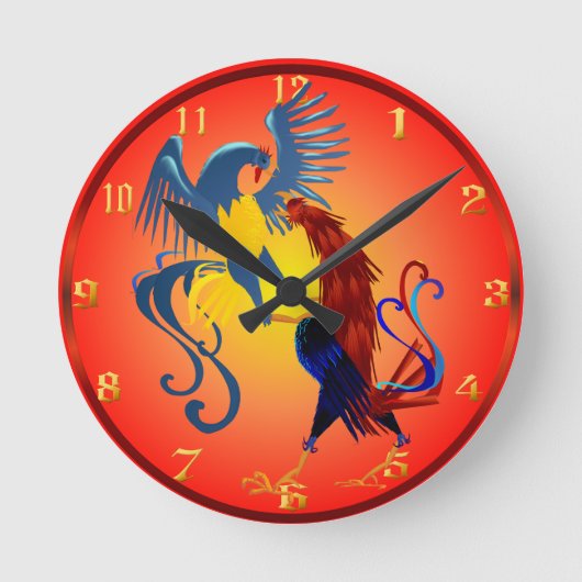 2羽のカラフルな戦いのオンドリWallclock ラウンド壁時計 (正面)
