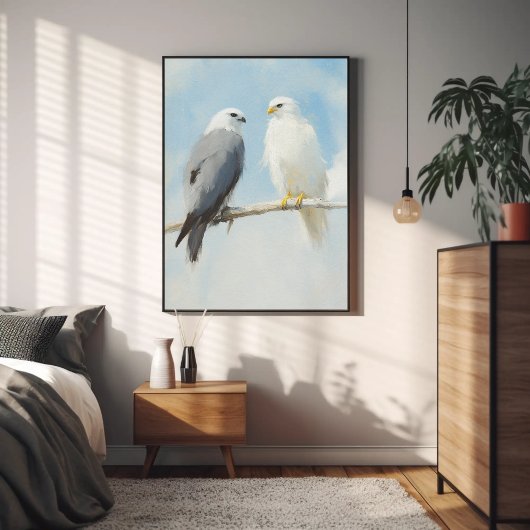 2羽のタカが枝に隠れて空に向澄んき ポスター