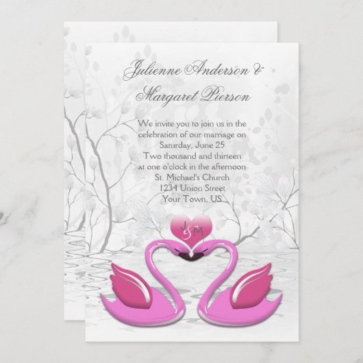 2羽のピンクのキスをするな白鳥の結婚式招待状 招待状 (正面/裏面)