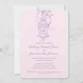 2羽のピンクの鳥が鳥かごのハート結婚を開く 招待状 (裏面)