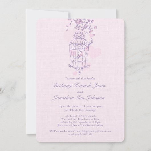 2羽のピンクの鳥が鳥かごのハート結婚を開く 招待状 (裏面)