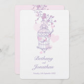 2羽のピンクの鳥が鳥かごのハート結婚を開く 招待状 (正面/裏面)