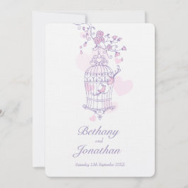 2羽のピンクの鳥が鳥かごのハート結婚を開く 招待状