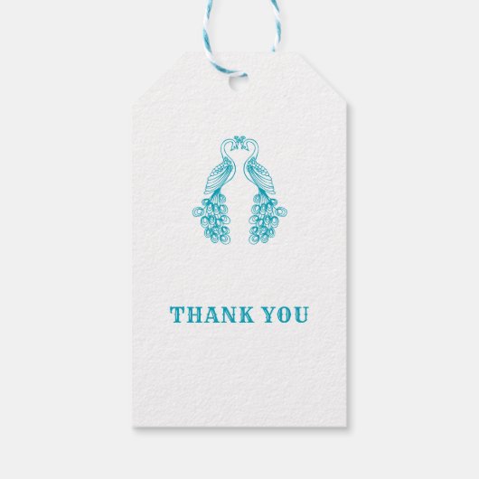 2羽のフクロウ鳥ティール（緑がかった色）白結婚式の引き出物ラベル ギフトタグ (裏面)