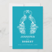 2羽のフクロウ鳥ティール（緑がかった色）白結婚式招待状 招待状 (正面)