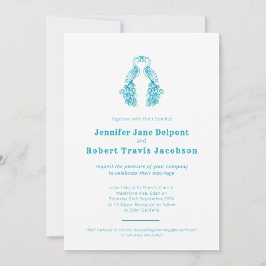 2羽のフクロウ鳥ティール（緑がかった色）白結婚式招待状 招待状 (裏面)