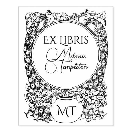 2羽の孔雀が植木鉢の植物を囲む エクスリブリス ネーム ラバースタンプ (インプリント)