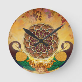 2羽の孔雀の時計の秋のセレナーデの曼荼羅 ラウンド壁時計