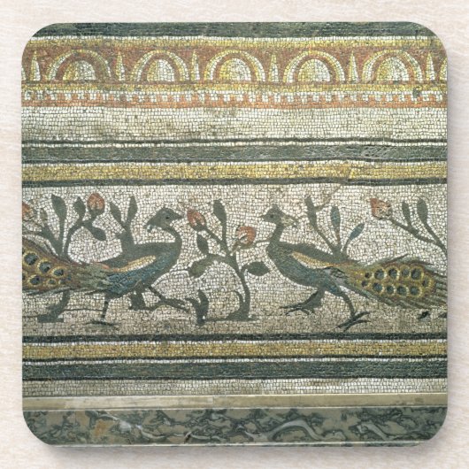 2羽の孔雀、mosaからの装飾的なボーダー詳細 コースター (正面)