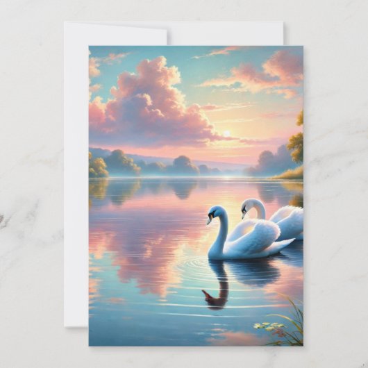 2羽の白鳥が穏やかな湖をすべっていた サンキューカード (正面)