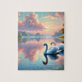 2羽の白鳥が穏やかな湖をすべっていた ジグソーパズル