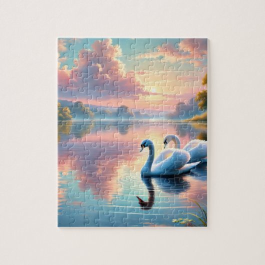 2羽の白鳥が穏やかな湖をすべっていた ジグソーパズル (縦)