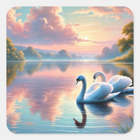 2羽の白鳥が穏やかな湖をすべっていた スクエアシール (正面)