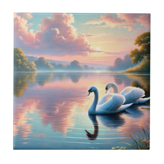 2羽の白鳥が穏やかな湖をすべっていた タイル (正面)