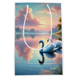 2羽の白鳥が穏やかな湖をすべっていた ミディアムペーパーバッグ