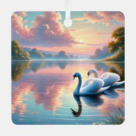 2羽の白鳥が穏やかな湖をすべっていた メタルオーナメント