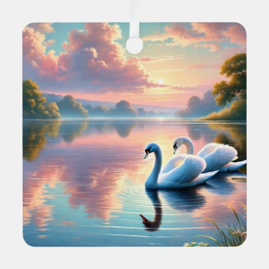 2羽の白鳥が穏やかな湖をすべっていた メタルオーナメント (正面)