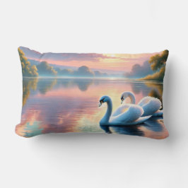2羽の白鳥が穏やかな湖をすべっていた ランバークッション