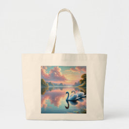 2羽の白鳥が穏やかな湖をすべっていた ラージトートバッグ