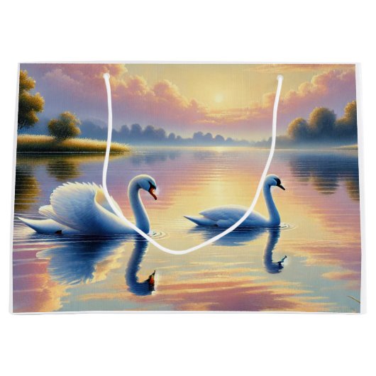2羽の白鳥が穏やかな湖をすべっていた ラージペーパーバッグ (正面)