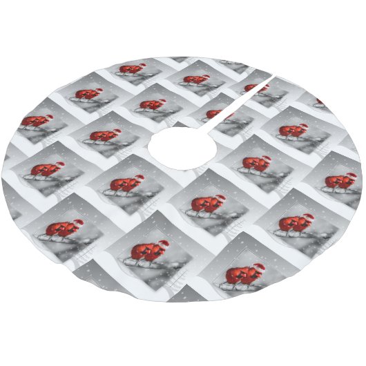 2羽の赤い（鳥）ショウジョウコウカンチョウ鳥の銀色の冬のシーン ブラッシュドポリエステルツリースカート (アングル)