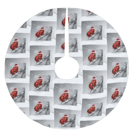 2羽の赤い(鳥)ショウジョウコウカンチョウ鳥の銀色の冬のシーン ブラッシュドポリエステルツリースカート (正面)