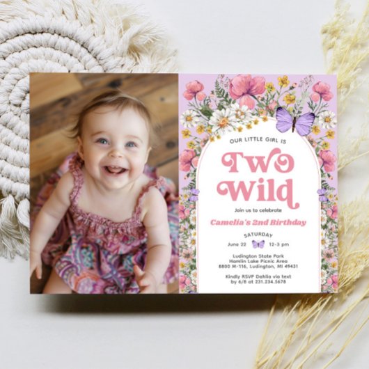 2羽の野生の蝶ワイルドフラワー2nd誕生日の写真 招待状