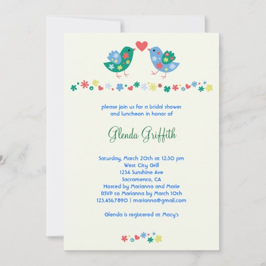 2羽の鳥のブライダルシャワーの招待状 招待状 (正面)