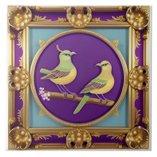 2羽の鳥の華美金ゴールド枠 タイル (正面)