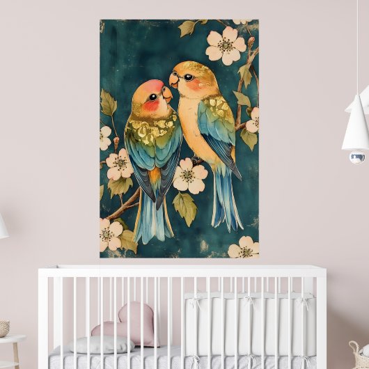 2羽の鳥、おそらくインコの仲間と思われる鳥がとまっている ポスター (子ども部屋2)