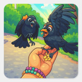 2羽の黒食べ物を与え鳥の手描き スクエアシール (正面)