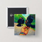 2羽の黒食べ物を与え鳥の手描き 缶バッジ (正面&裏面)