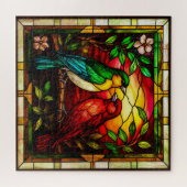 2羽カラフルの鳥を描いたステンドグラス ジグソーパズル (横)