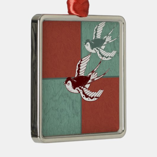 2羽飛んでいる雀の赤い青のカラーブロック メタルオーナメント (右)