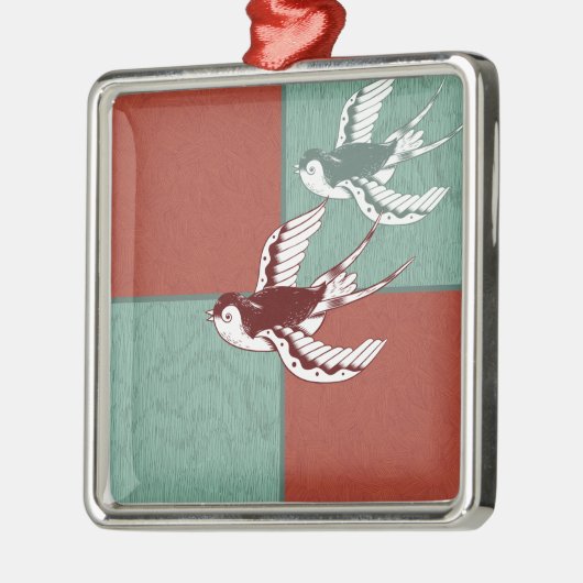 2羽飛んでいる雀の赤い青のカラーブロック メタルオーナメント (左)