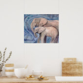2象の野生動物の水の色絵画の ポスター (キッチン)