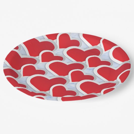 2赤いハート繰り返しパターンかわいい ペーパープレート (アングル)