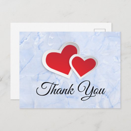 2赤い紙ハートオンアイスブルー大理石ありがとう ポストカード (正面/裏面)