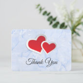2赤い紙ハートオンアイスブルー大理石ありがとう 招待状 (スタンド正面)