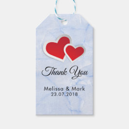 2赤い紙ハートオンIcy Blue Marble 結婚's ギフトタグ